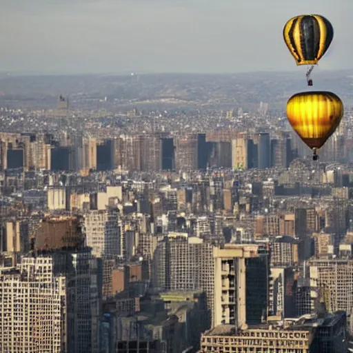 Image similar to Steampunk balloon in the air, flying above the city.