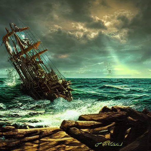 Image similar to wooden shipwreck of old pirate ship on rocks at sea, dramatic lighting, sun beams, god rays illuminating wreck, dark background, gloomy green sea, fantasy art, painting, concept art, oil painting, brushstrokes