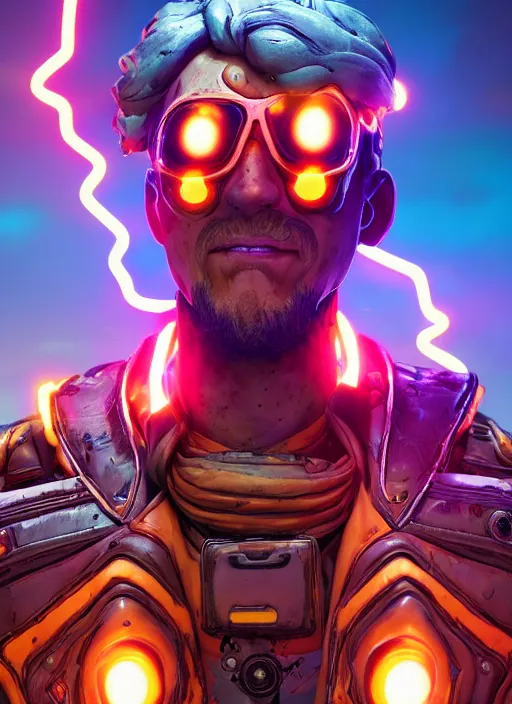 Image similar to glowwave portrait of curly orange hair man from borderlands 3, au naturel, hyper detailed, digital art, trending in artstation, cinematic lighting, studio quality, smooth render, unreal engine 5 rendered, octane rendered, art style by klimt and nixeu and ian sprigger and wlop and krenz cushart.