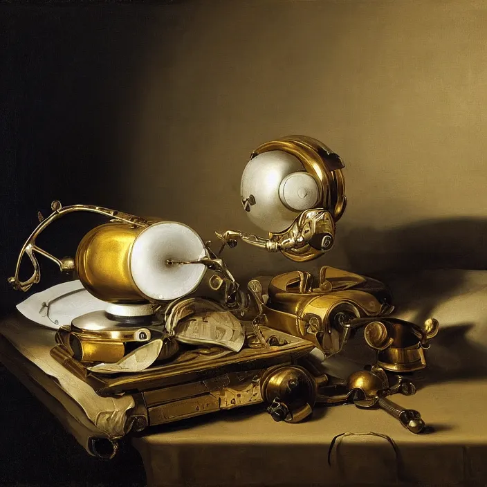 Image similar to still life painting of a cybernetic arm by pieter claesz, oil on canvas, strong lighting, highly detailed, hyper realism, golden hour, god rays, hd, 4 k