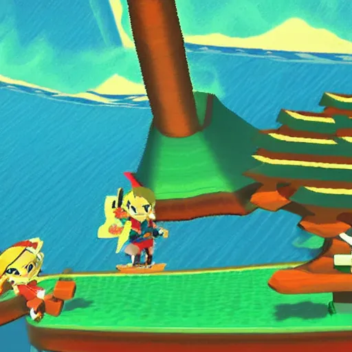 Prompt: a screen still of wind waker ( 2 0 0 2 ) in the color scheme of a nes game
