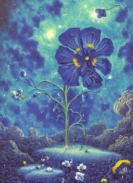 Image similar to detailed, intricate blue black and purple papaverum flower on the field, nebula, galaxy in the sky, winning award masterpiece, fantastically beautiful, illustration, aestheticly inspired, jacek yerka, upscale with anguissola sofonisba work, artstation, 8 k