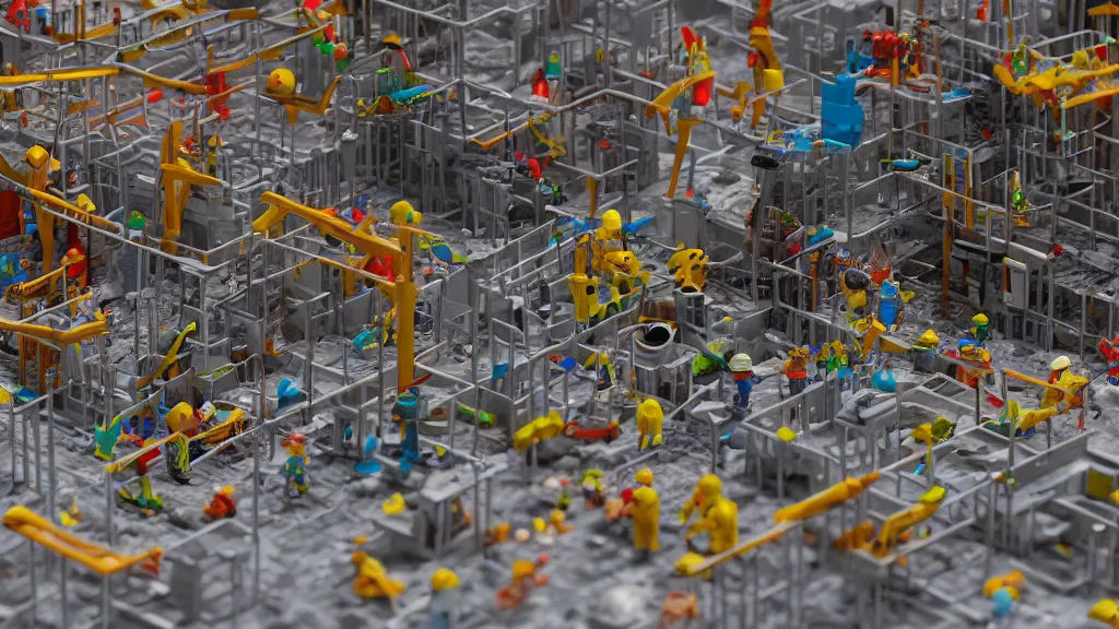 Prompt: construction site made out of toys, pipes, concept art, 3d render, low angle photo