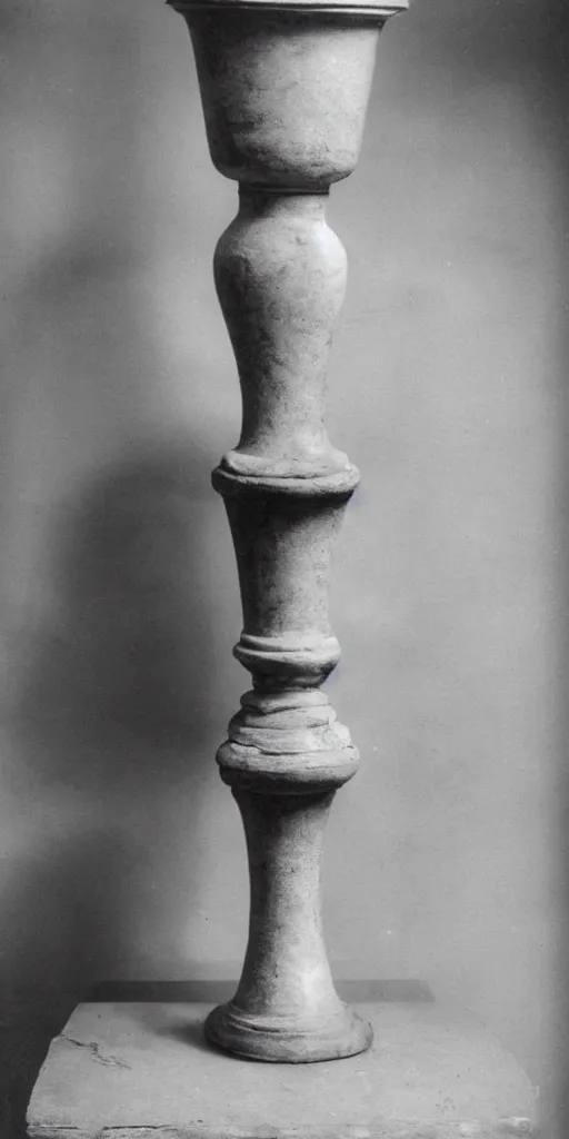 Prompt: an ornate vase, on a pedestal by Marcel Duchamp in an empty white room, courtesy of Centre Pompidou, film photo, dramatic lighting