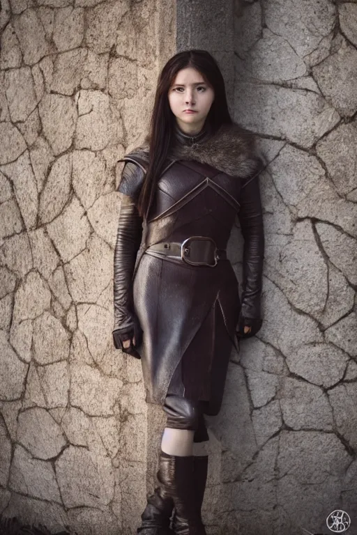 Prompt: a beautiful female guardian from westeros shyly posing on camera, symmetrical, cinematic, elegant, dawn light, real dlsr photography, sharp focus, 4 k, ultra hd, sense of awe