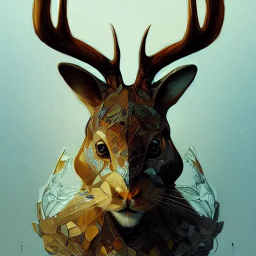 Image similar to Geometric Rabbit with antlers, intricate, elegant, highly detailed, digital painting, artstation, concept art, smooth, sharp focus, illustration, art by artgerm and greg rutkowski and alphonse mucha