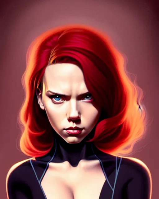 Image similar to peter mohrbacher, phil noto, artgerm, pretty scarlett johansson black widow, symmetrical eyes, long red hair