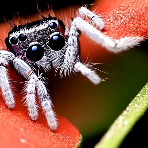 Image similar to a jumping spider using a microscopic keyboard, by pixar, macro lens, iridescent