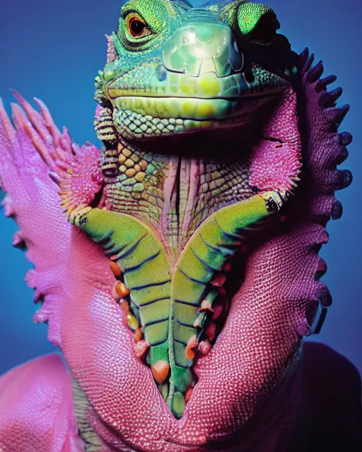 Image similar to natural light, soft focus portrait of a cyberpunk anthropomorphic iguana with soft synthetic pink skin, blue bioluminescent plastics, smooth shiny metal, elaborate ornate head piece, piercings, skin textures, by annie leibovitz, paul lehr