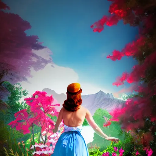 Image similar to giant alice in wonderland, pin up, houses, trees, mountains, woman, city, digital art, photo, blue dress, photoshop, flowers