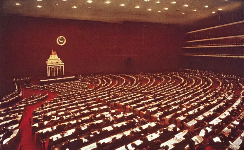 Image similar to 60s movie still of a CCCP congress in a stalinist style parlement, by Irving Penn , cinestill 800t 35mm eastmancolor, heavy grainy picture, very detailed, high quality, 4k, HD criterion, precise texture