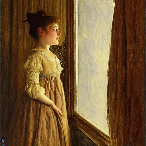 Image similar to young actress looking through the curtain in the theatre by alfred stevens