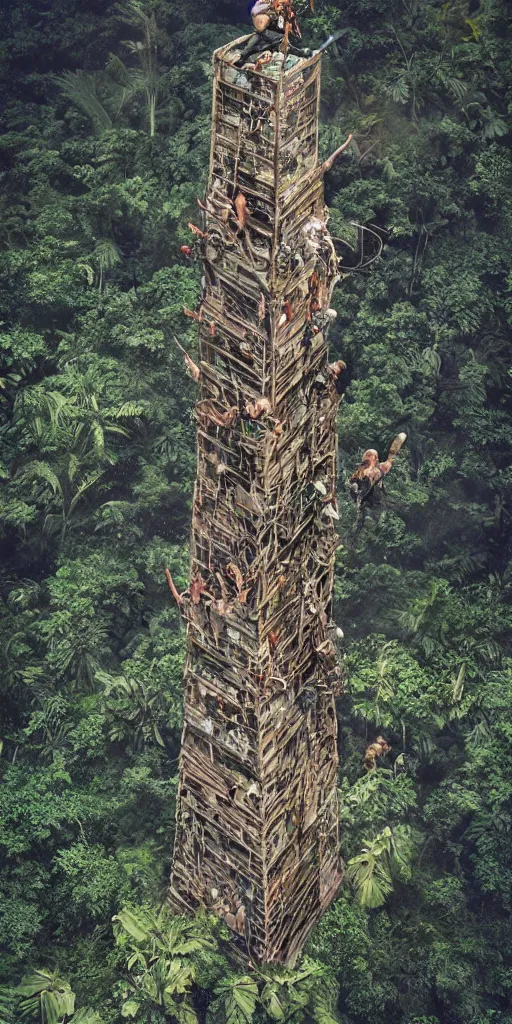 Image similar to editorial photo of tower in the jungle full of climbing people, armored warriors and Amazon climbs and fight, epic,three point perspective, vintage, blood, slight inspiration of Boris vallejo and apocalypto, war photography