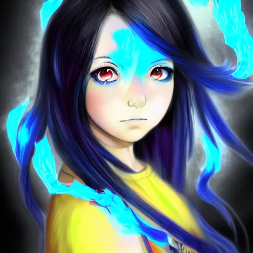 Image similar to advanced digital portrait painting photograph, a teenage anime girl wearing a dress made out of blue fire , full body, very long black/red hair, one yellow and one blue eye, intense stare, cinematic lighting, medium shot, MCU, very high details, trending on artstation, CSP, Photoshop, WLOP, Rossdraws, James Jean, Andrei Riabovitchev, Marc Simonetti, Anastasia Ovchinnikova, BEN MAIER and Sakimichan