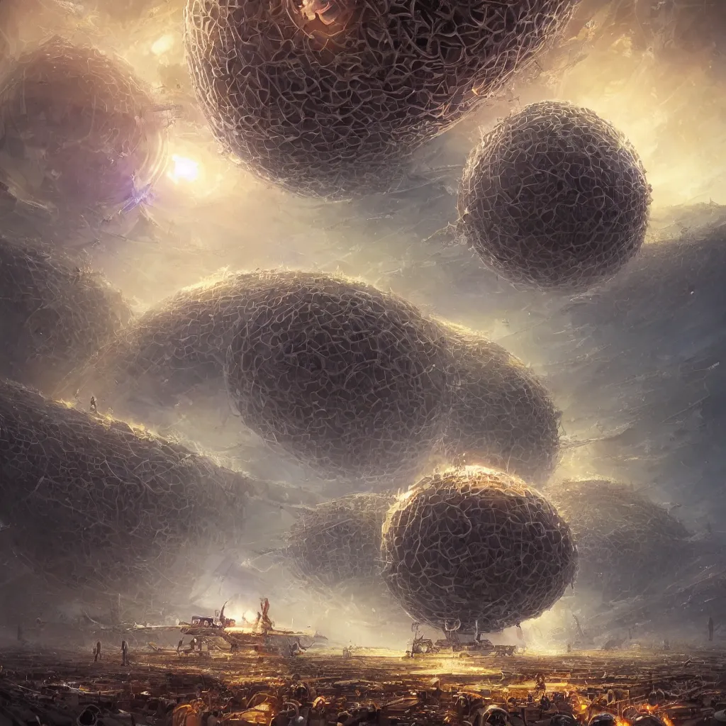 Prompt: extremely beautiful high detailed long portrait of dyson sphere program, by greg rutkowski, by rhads, by jesper ejsing, so many wires, sharp focus, man standing, colony, atom, crowd, city, cuber punk, ant colony