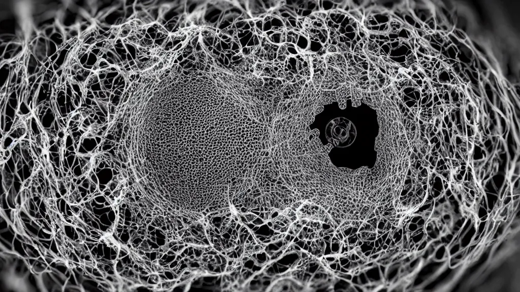 Prompt: beautiful 3 d photo of deadly virus infecting a cell, seen through a microscope, detailed, high contrast, dark, sinister, ambient, monochrome, depth of field, scientific diagram, 8 k, octane render