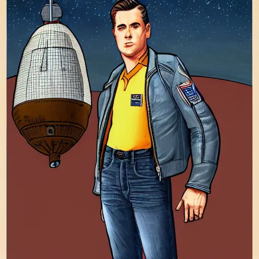 Image similar to handsome butch princely heroic square - jawed emotionless serious blonde woman aviator, with very short butch slicked - back hair, wearing brown leather jacket, standing in front of small spacecraft, illustration, science fiction, highly detailed, ron cobb, mike mignogna