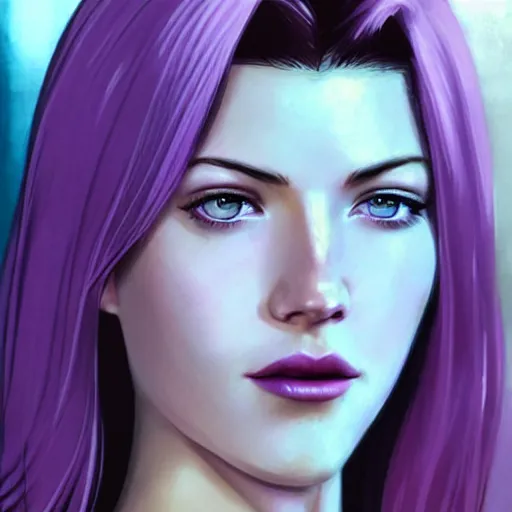 Prompt: A combination of Katheryn Winnick's and Grace Kelly's and Katherine McNamara's faces with short violet hair as Motoko Kusanagi from Ghost in The SHell, western, D&D, fantasy, intricate, elegant, highly detailed, digital painting, artstation, concept art, matte, sharp focus, illustration, art by Artgerm and Greg Rutkowski and Alphonse Mucha