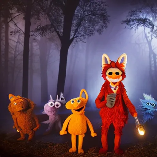 Prompt: a large druid fox muppet wearing a cloak holding a lit torch and herding a bunch of random muppet animals following behind through a dark foreboding misty blue forest at night, sesame street, photograph, photography, ultrarealistic, national geographic