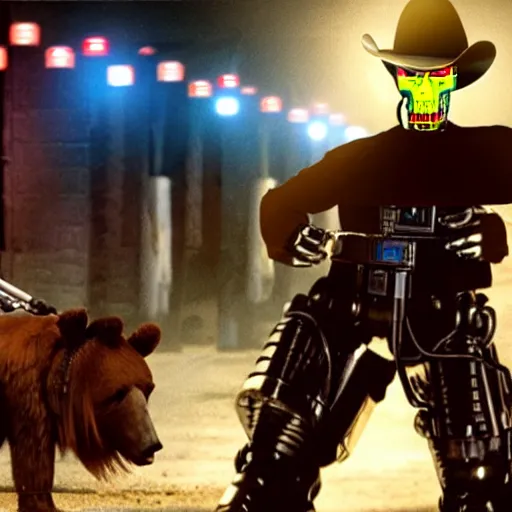 Prompt: a terminator android dressed as a cowboy while mounting a bear, 8 k, movie still, high detail, hyperrealistic, 2 0 7 7, cyberpunk aesthetic