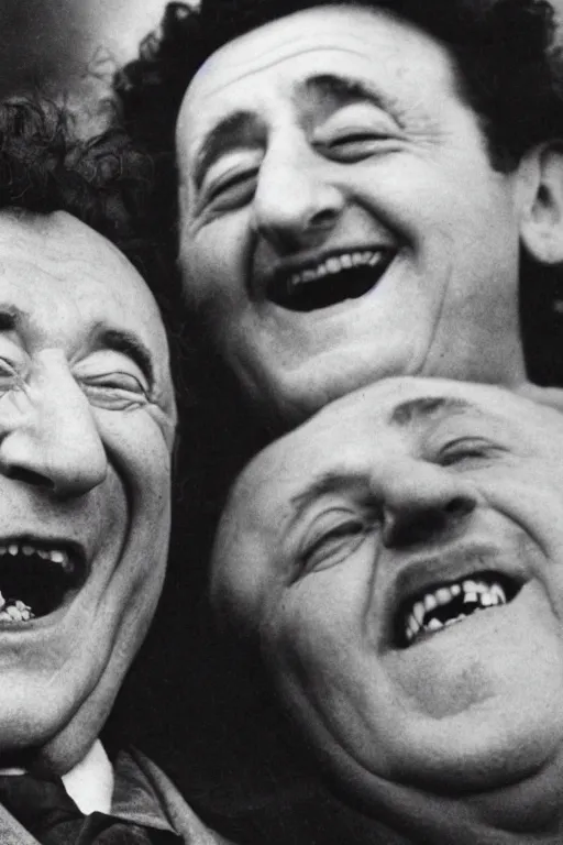 Image similar to close - up, photography of coluche and pierre desproges laughing, clouds everywhere