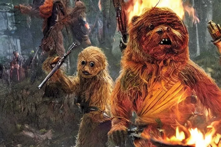 Image similar to ewoks rioting in front of a government building!!!, flaming torches and pitchforks