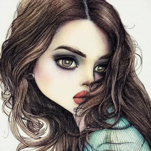 Prompt: beautiful pale brunette with giant soft dreamy eyes. Fine detailed colored ink drawing blotter art.