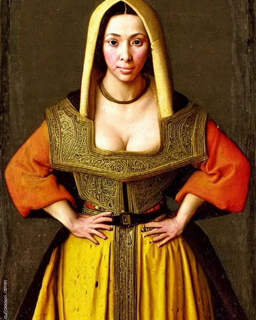 Prompt: medieval portrait of kim kardashian dressed as a battle monk, in the style of eugene de blaas