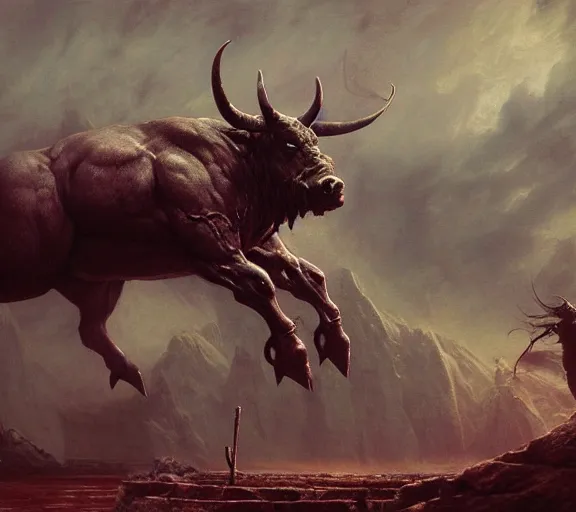 Image similar to minotaur concept, bull headed, full body concept, beksinski, wayne barlowe, adrian smith fantasy art, the hobbit art, lord of the ring art, the witcher concept art, trending on artstation, game of throne art