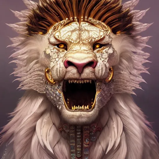 Image similar to a photorealistic dramatic fantasy render of a muscular albino male furry anthro lion wearing a beautiful intricately detailed japanese white snake kitsune mask and clasical japanese kimono by wlop, artgerm, greg rutkowski, alphonse mucha, beautiful dynamic dramatic dark moody lighting, shadows, cinematic atmosphere, artstation, concept design art, octane render, 8 k