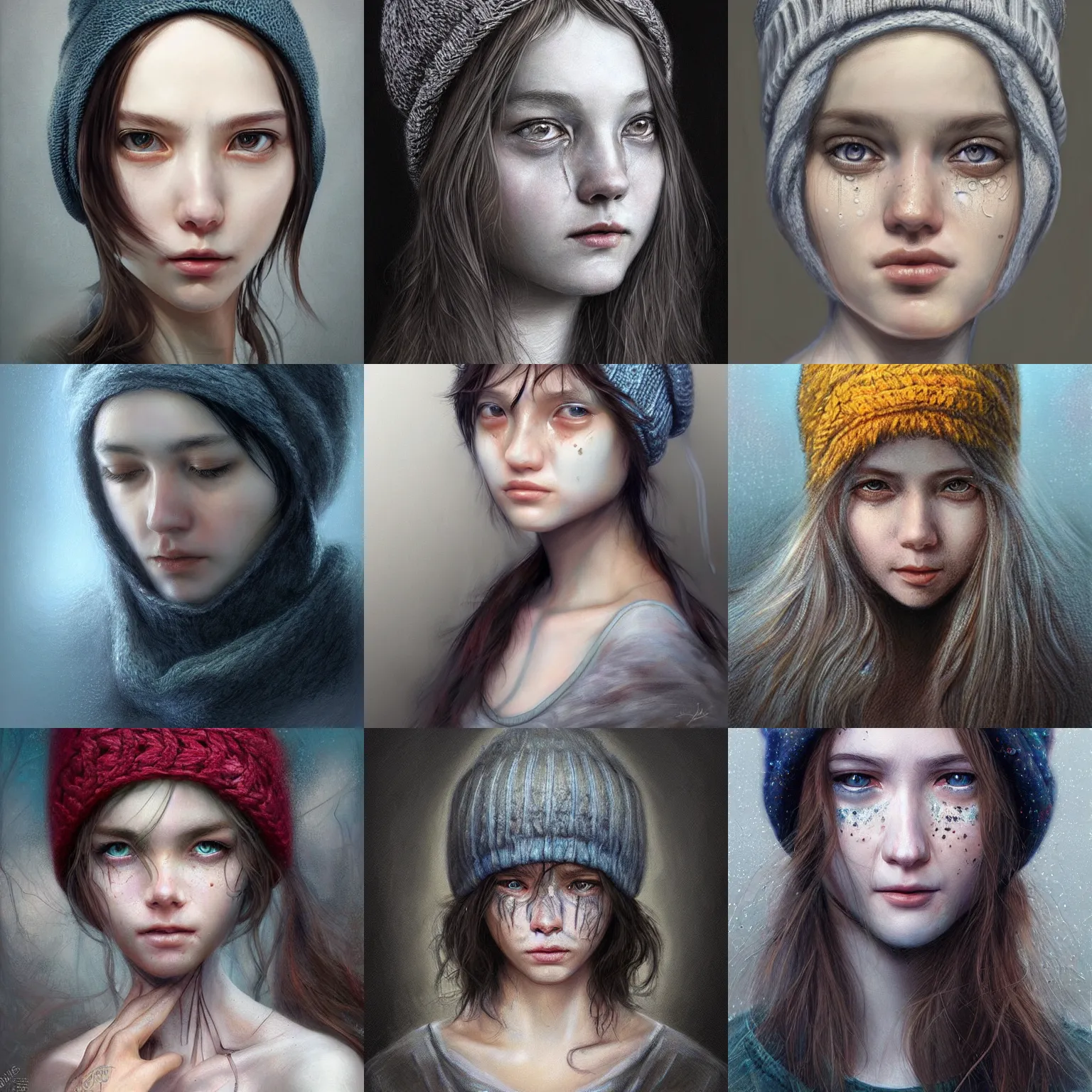 Prompt: portrait of a crying ai artist, detailed clothing, beanie, concept art, artstation, detailed luminescent digital painting by alan lee and artgerm johanna martine, exquisite masterpiece