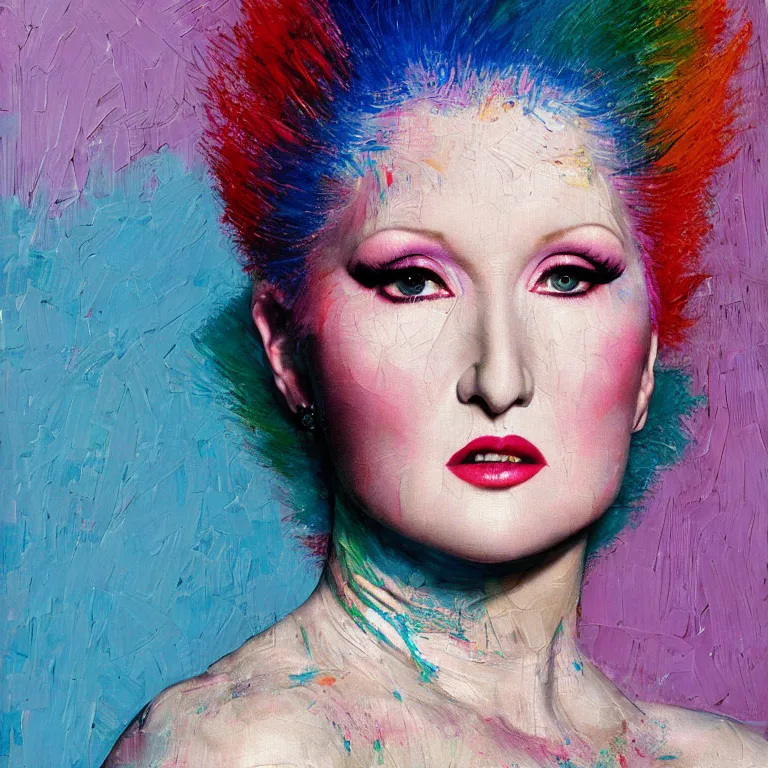 Image similar to close up studio portrait of Cindy Lauper beautiful symmetrical face wearing an Issey Miyake dress in 1985, impasto heavy brushstrokes oil painting by Norman Rockwell and Tim Hawkinson and Cy Twombly, Intense colors trending on artstation dramatic lighting Expressionism