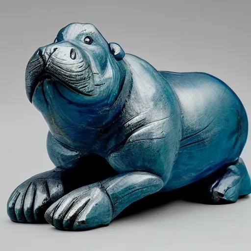 Image similar to a small smooth hippo statue carved from natural wood, dipped in polished blue resin, half and half, mixed media, side view