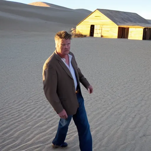 Prompt: alec baldwin shooting someone standing in a desert barn