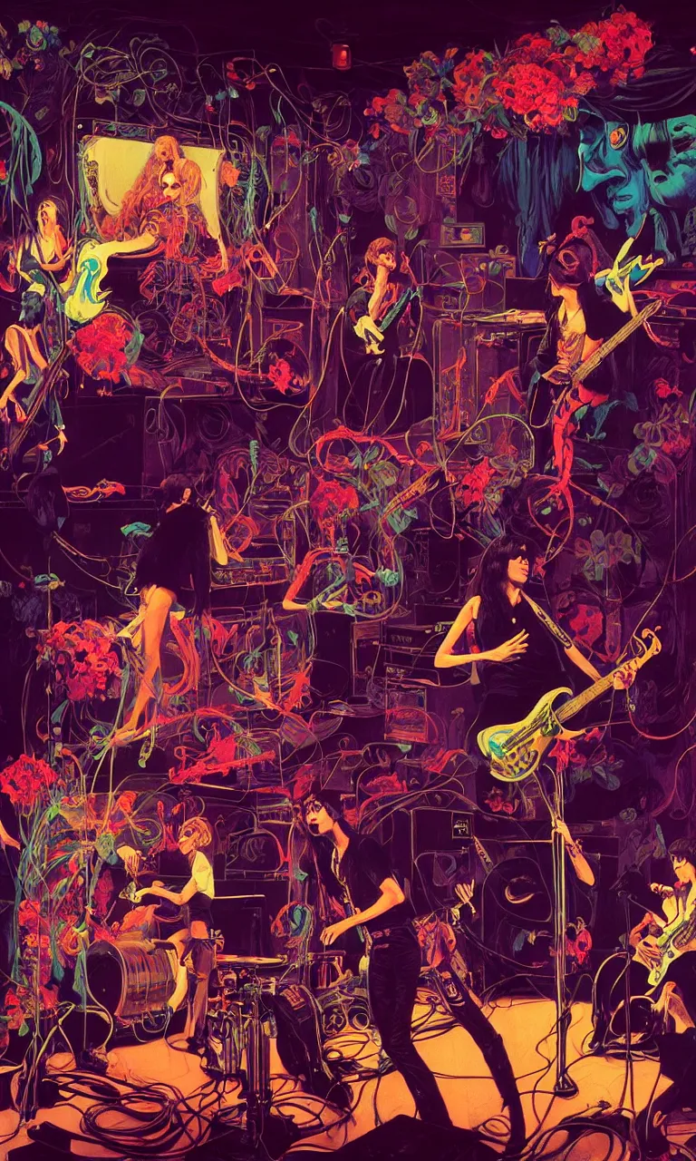 Image similar to the velvet underground and nico playing live on stage at a night club, beautiful stage decoration with flowers in the background, painting by james jean and syd mead and gaston bussiere, very detailed and colorful and toned down and ornamental and moody and cool and relaxed and high on drugs, trending on artstation, behance contest winner