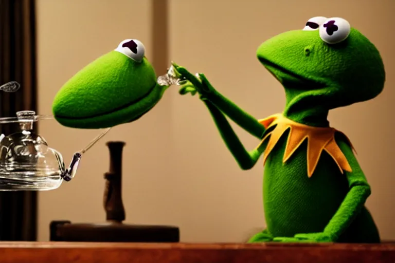 Prompt: candid photo of kermit the frog sitting on the couch hitting a bong, kermit the frog in ted ( 2 0 1 2 ) bong scene, kermit the frog using a bong, kermit smoking weed, bong rip, high resolution photo, trending on artstation, interior design,