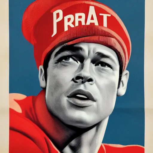 Prompt: a 1950's propaganda poster with Brad Pitt wearing a beanie cap and wearing a red jumpsuit,