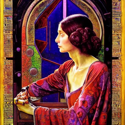 Image similar to renaissance portrait of an art deco machine priestess, reflective detailed textures, highly detailed fantasy science fiction painting by annie swynnerton and jean delville and moebius, norman rockwell and william holman hunt. modern industrial shaman, rich colors, high contrast. artstation