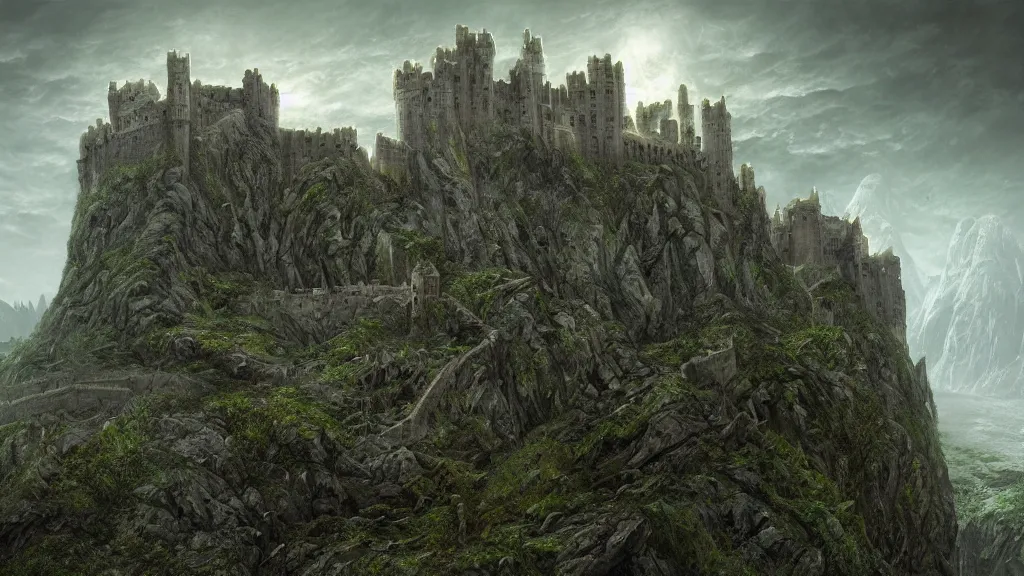 Image similar to ghostly fortress of minas morgul, minas ithil, lit by green magical powers along the fortress walls, by alan lee, michal karcz, smooth details, lord of the rings, game of thrones, smooth, detailed terrain, oil painting, trending artstation, concept art, fantasy matte painting