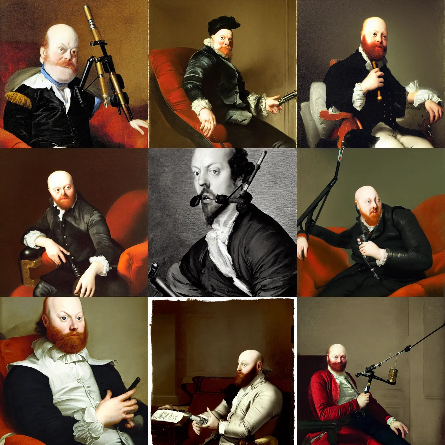 Prompt: playful portrait of angriestpat sitting on a couch, talking into a mic boom arm by joseph ducreux