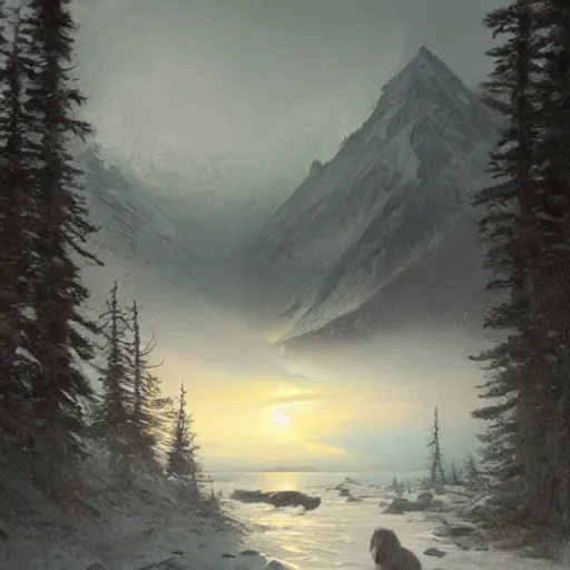 Image similar to illustration of an alaskan wildness just before darkness, greg rutkowski