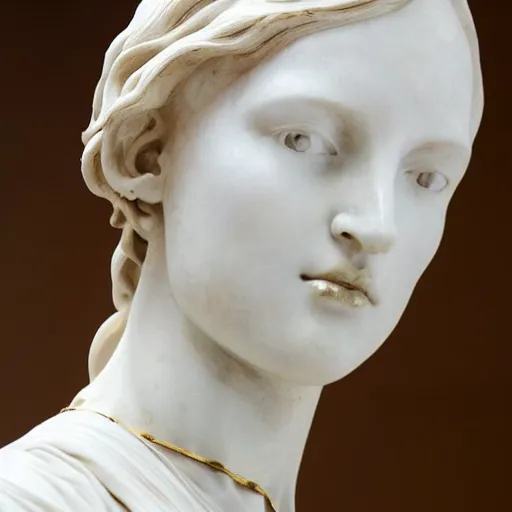 Image similar to close up of face of female fashion model, white marble by auguste rodin, gold plated, valentino dress, highly detailed