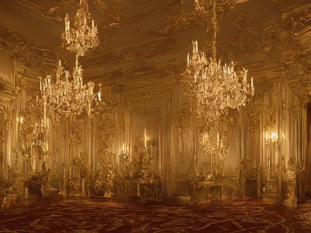 Image similar to hyper realistic photo of a luxury baroque room interior volumetric lights