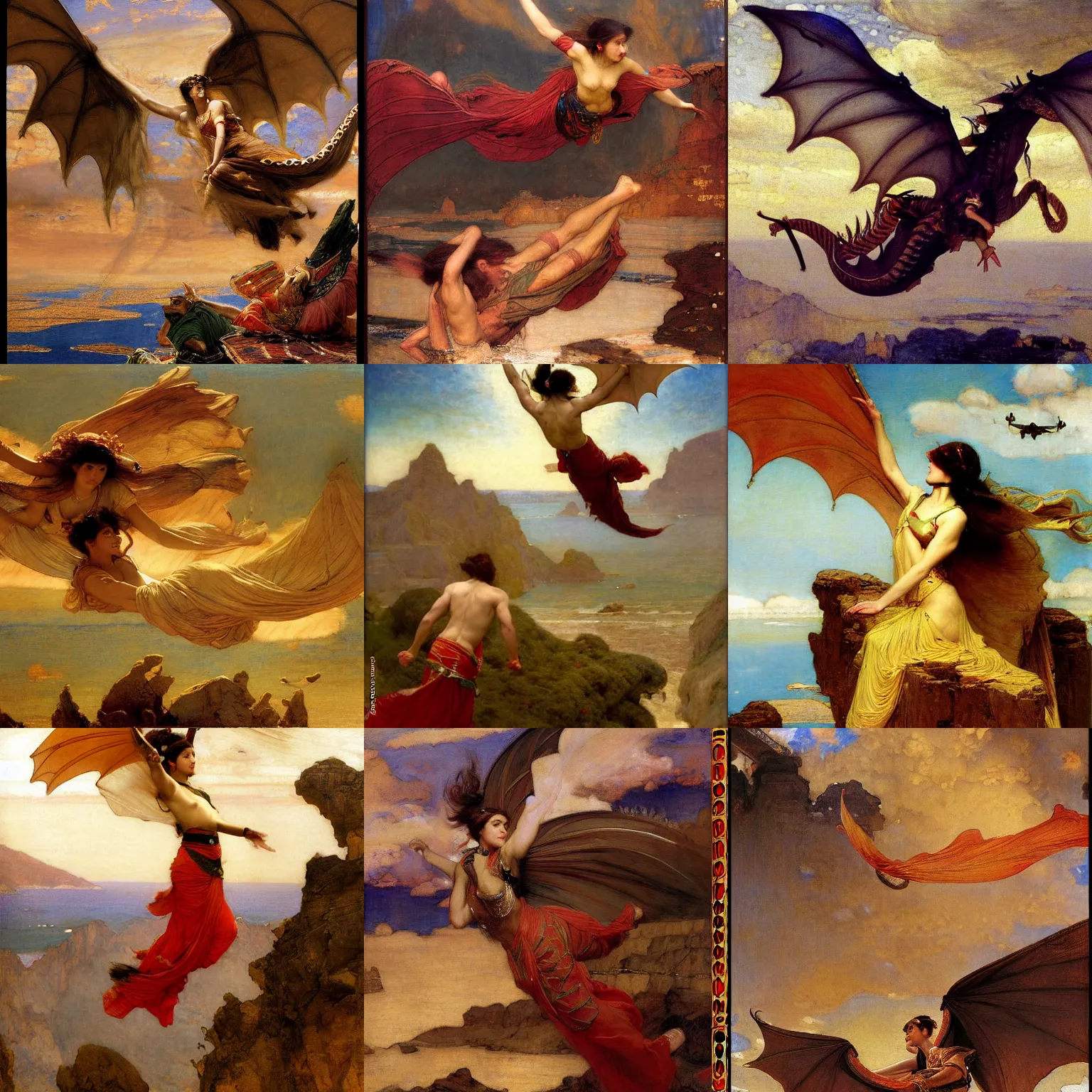 Prompt: orientalist painting of a dragon flying in the sky wings stretched out by john william waterhouse and Edwin Longsden Long and Theodore Ralli and gaston bussiere. Cinematic, hyper realism, dramatic lighting, high detail 8k