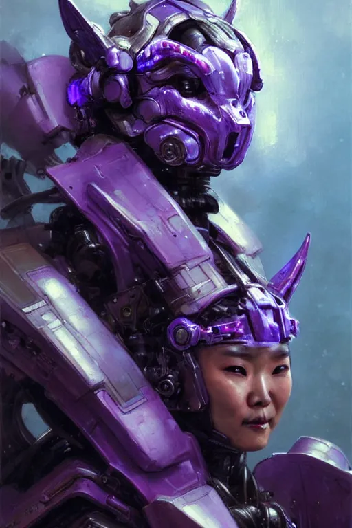 Image similar to extreme close up, facial portrait, half - chinese woman with a long black ponytail in purple sci - fi armor, wearing a kitsune mask, mechanical armor, cybernetic hands, striking pose, portrait dnd, painting by gaston bussiere, craig mullins, greg rutkowski, yoji shinkawa