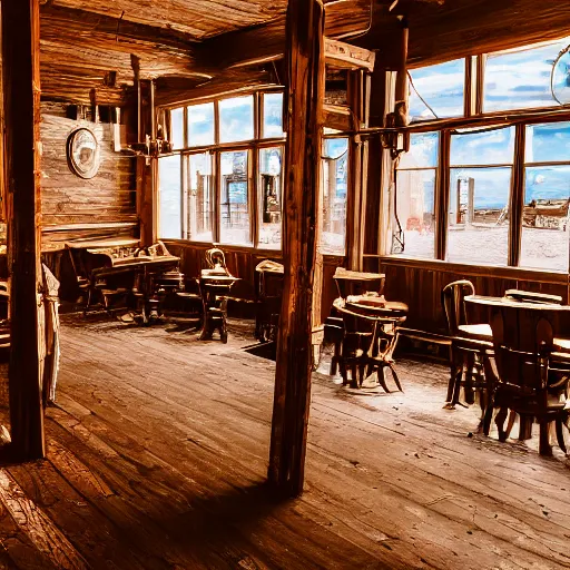 Prompt: Empty Old West Saloon at the break of day, dust particles in the air, god beams coming through the windows, hyper realistic, HD, DLSR Camera, Rococo style