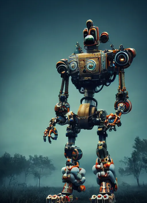 Image similar to Giant It Clown robot on a dusky land, cinematic shot, intricate, ornate, photorealistic, ultra detailed, realistic, 100mm, photography, octane, high definition, depth of field, bokeh, 8k, artstation