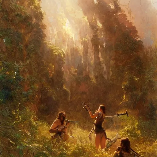 Image similar to lara croft, finds a camp full of humans, highly detailed painting by gaston bussiere, craig mullins, 8 k