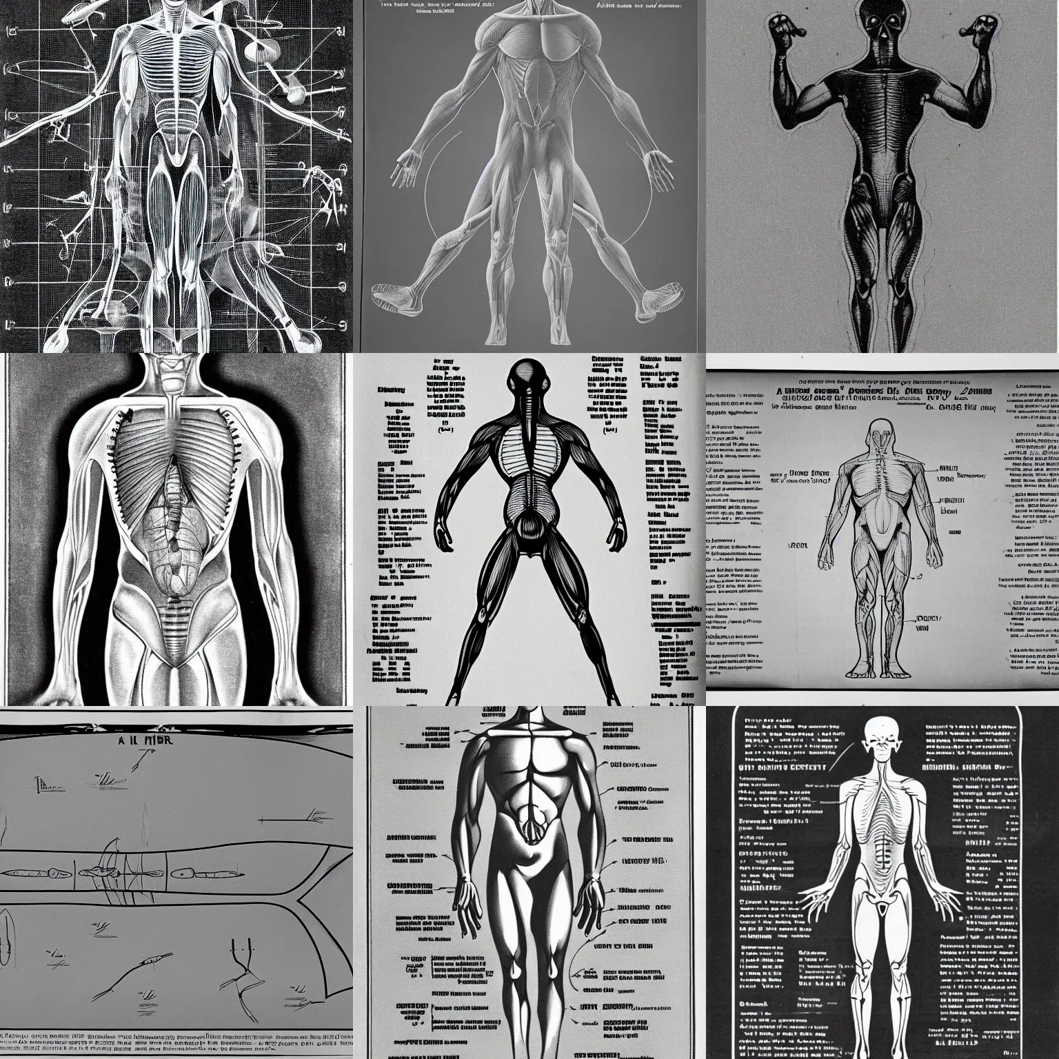 Prompt: Muscle diagram of a grey alien, ufology, Roswell air base, 1947, high quality medical illustration