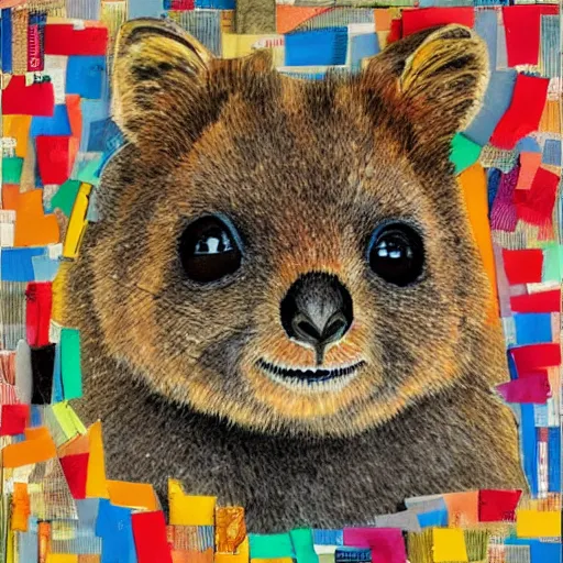 Image similar to detailed illustration, a portrait of a happy quokka on rotttnest island constructed from colored paper, collage, may gibbs, layered composition, layers, texture, textured, layered, sculpted, dynamic, 🦋,